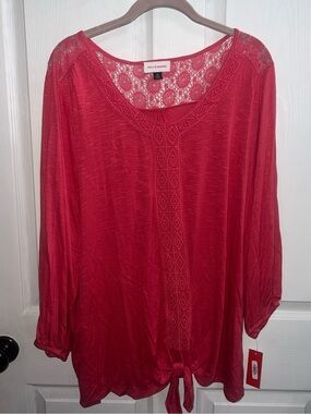 Molly & Isadora Red Lace-Trim Tie-Front Blouse